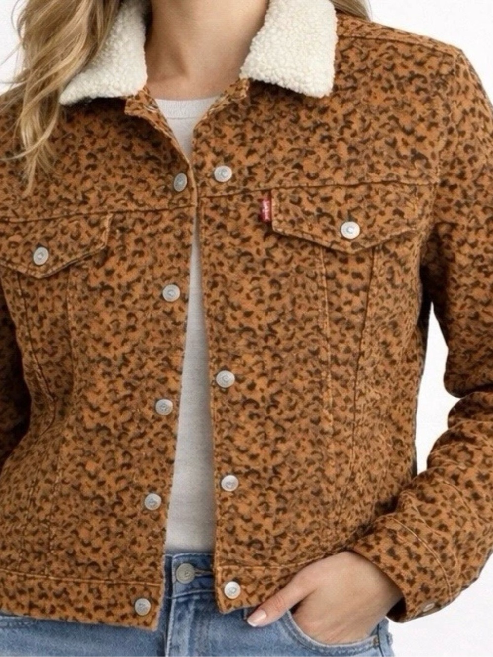 Levis Original Sherpa Trucker Jacket Women XL Leopard Corduroy Orange Brown Rust